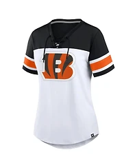 Fanatics Women's White/Black Cincinnati Bengals Athena Rhinestone Lace-Up V-Neck T-Shirt