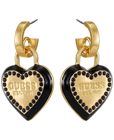 Guess Glass Stone Gold-Tone Heart Drop Hoop Earrings