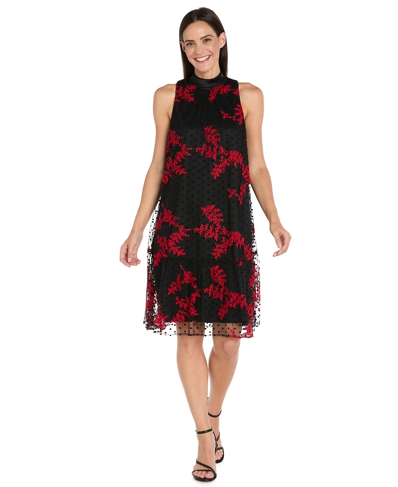 R & M Richards Petite Embroidered Mesh Trapeze Midi Dress