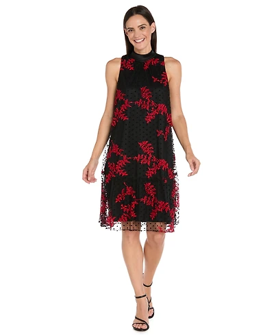 R & M Richards Petite Embroidered Mesh Trapeze Midi Dress