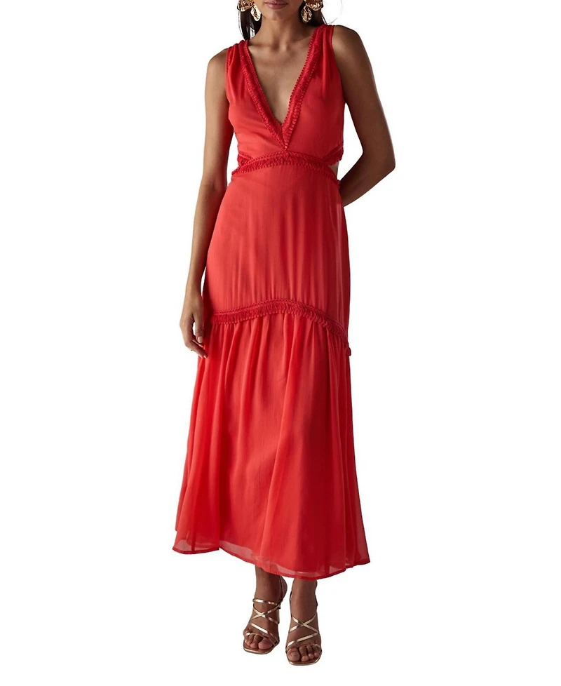 Warehouse Women's Chiffon Fringe Trim Cut Out Maxi Dress