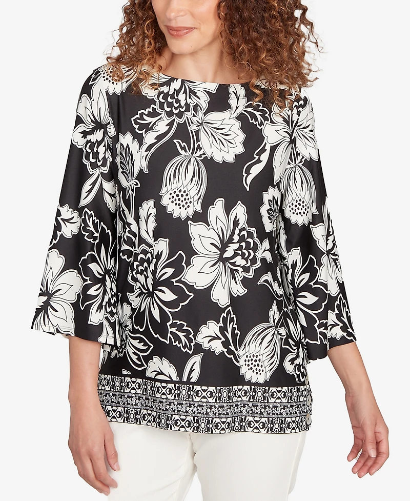 Ruby Rd. Petite Floral Geo Border Knit Top
