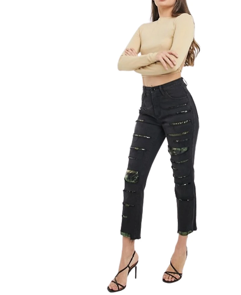 Blue Revival Women's High Rise Camo Sequin Straight Leg Jeans