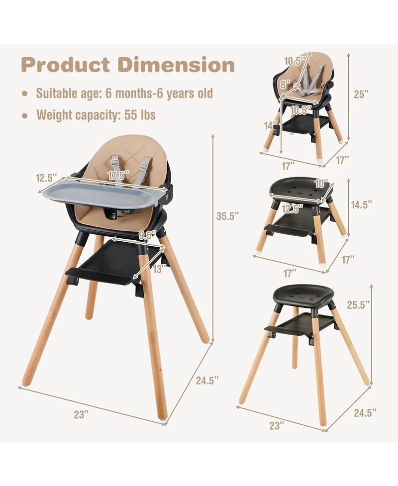 Costway 6-in-1 Convertible Wooden Baby Highchair Infant Feeding Chair w/ Removable Tray