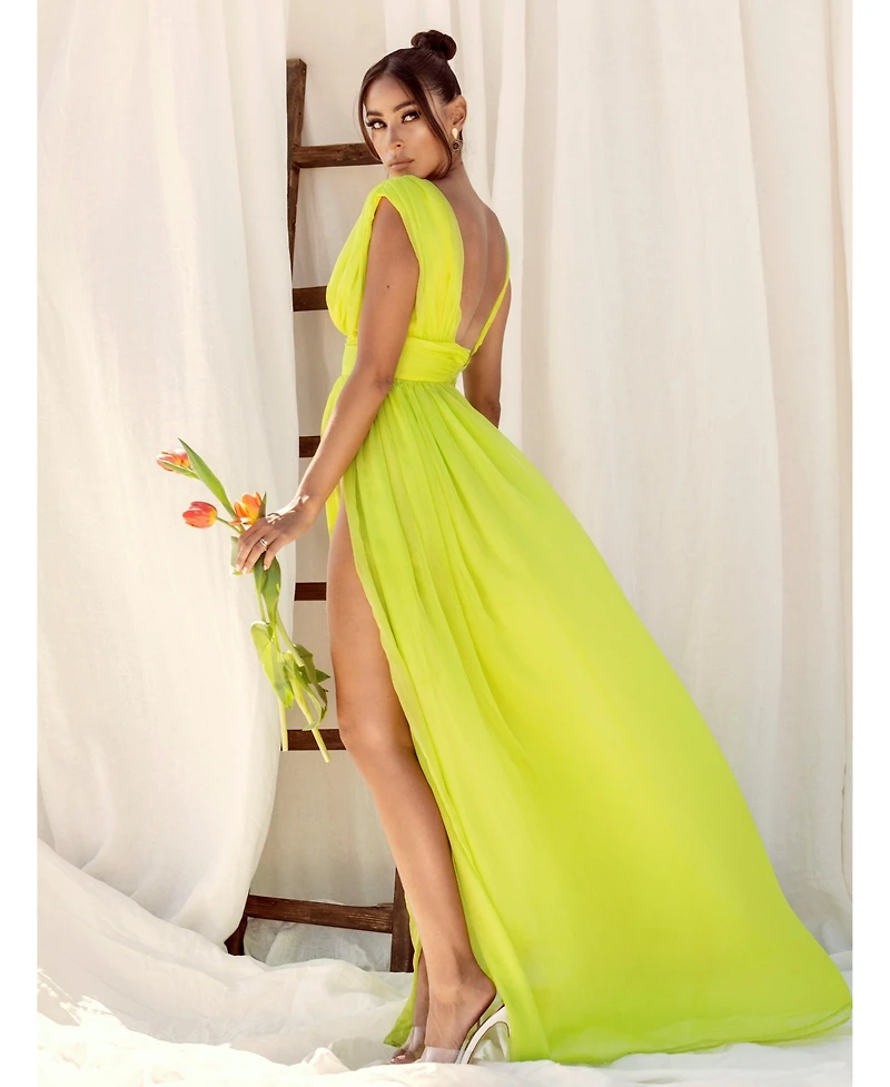 Miss Circle Women Valley Of Angels Lime Chiffon Pleated High Slit Maxi Dress