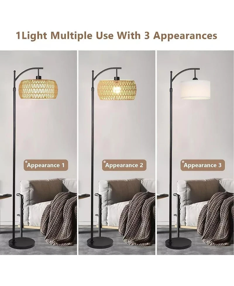 Sugift Dimmable Boho Floor Lamp with Rattan & Linen Drum Shade – Remote & Footswitch Control