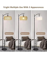 Sugift Dimmable Boho Floor Lamp with Rattan & Linen Drum Shade – Remote & Footswitch Control