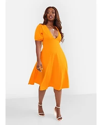 Rebdolls Women's Puff Sleeve A Line Midi Dress w. Pockets