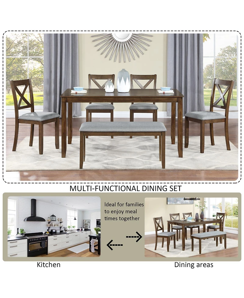 Casainc 6 Piece Wooden Dining Table Set with Table, 4 Upholstered Chairs and Bench
