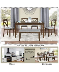 Casainc 6 Piece Wooden Dining Table Set with Table, 4 Upholstered Chairs and Bench