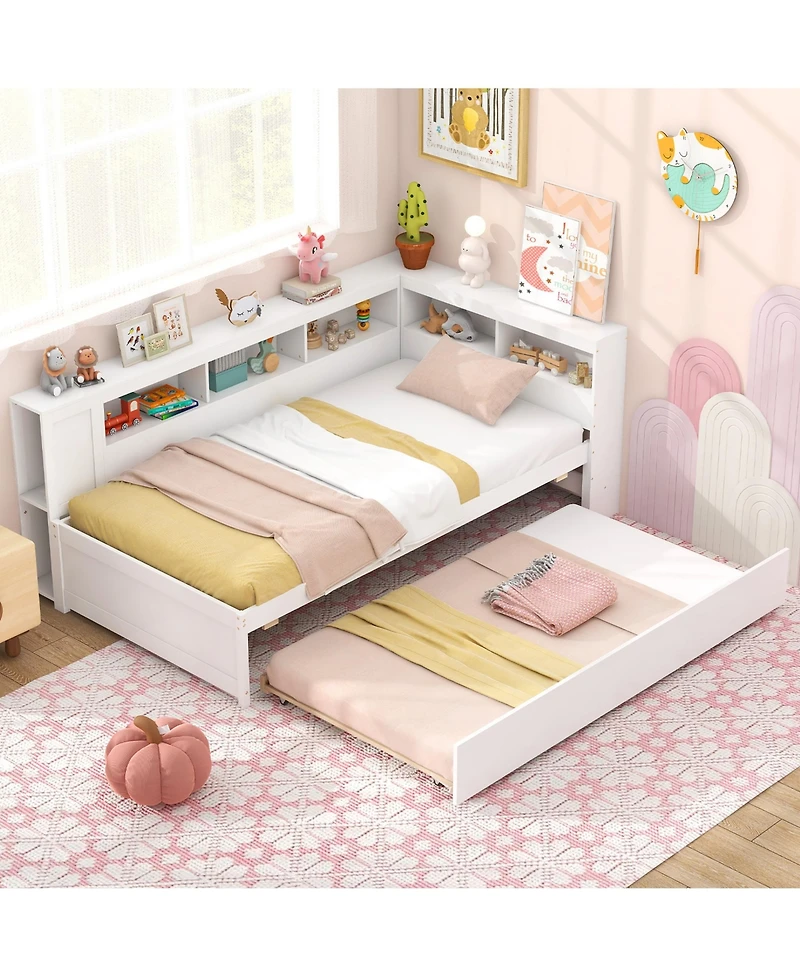 Gymax Twin Size Daybed w/ Trundle Bedside Shelves Reversible Bookcase Headboard