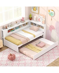 Gymax Twin Size Daybed w/ Trundle Bedside Shelves Reversible Bookcase Headboard