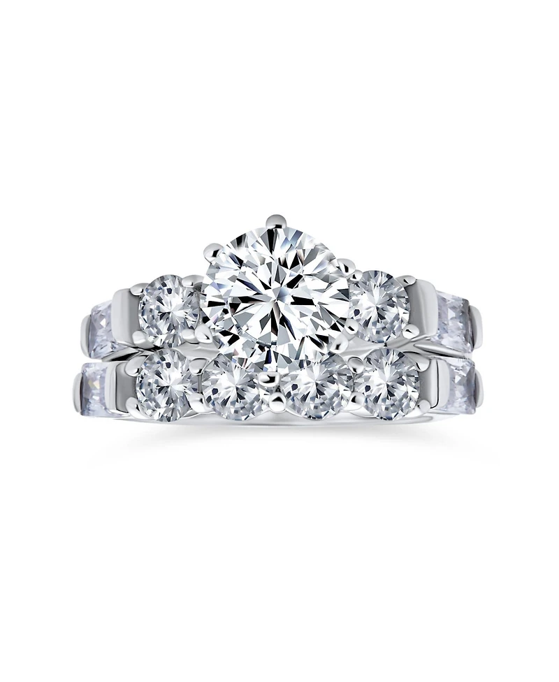 Bling Jewelry Sterling Silver 2CT Round Cz Solitaire Ring Set with Baguette Side Stones – 6-Prong Design