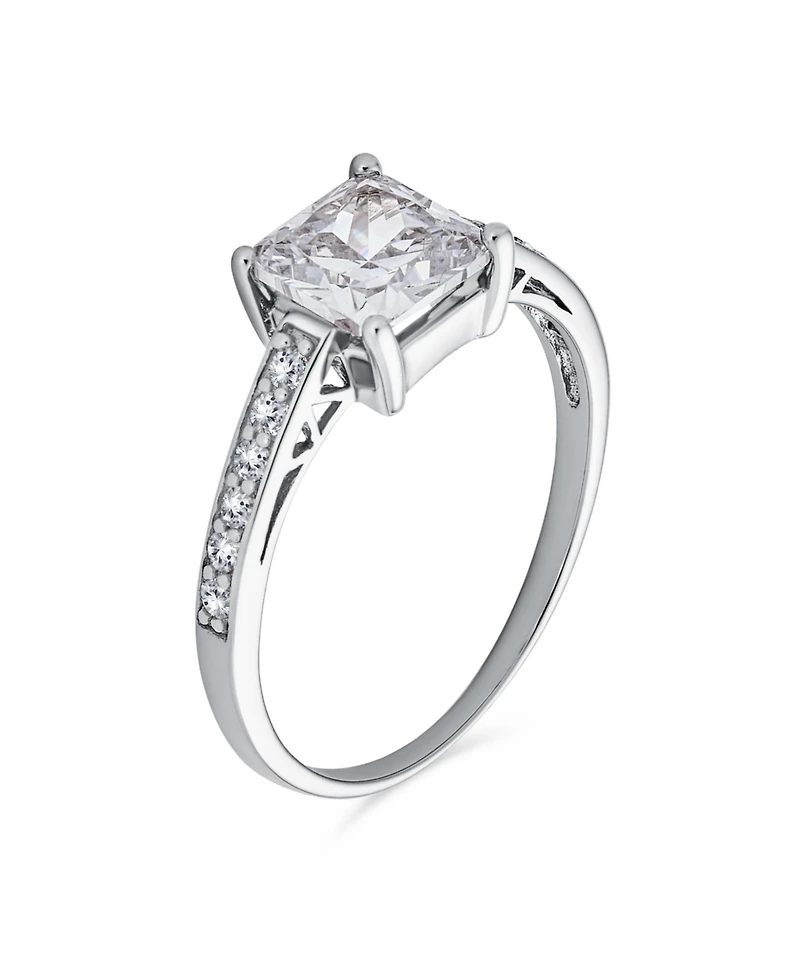 Bling Jewelry Classic 2.5CT Cz Square Princess Cut Solitaire Promise Ring Sterling Silver Cubic Zirconia Pave Band