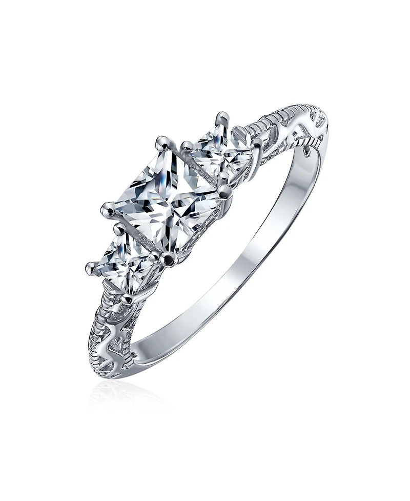 Bling Jewelry 3CT Royal Blue Cz Three Stone Past Present Future Cubic Zirconia Princess Cut Milgrain Filigree Promise Ring Sterling Silver