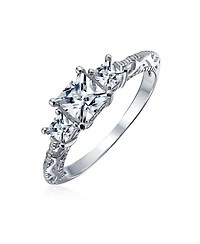 Bling Jewelry 3CT Royal Blue Cz Three Stone Past Present Future Cubic Zirconia Princess Cut Milgrain Filigree Promise Ring Sterling Silver