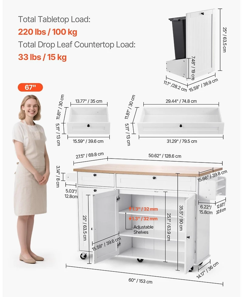 Kitchen Island Cart with Rolling Storage Cabinet Table Drawer and Drop Leaf