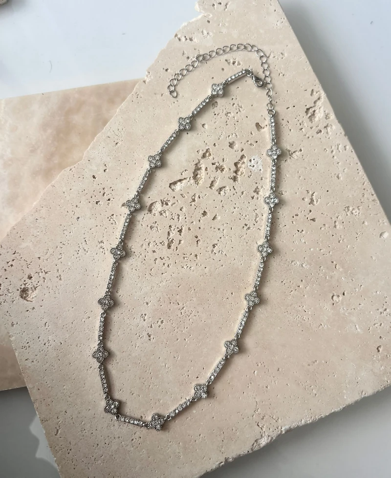 Adornia Silver Crystal Clover Tennis Necklace