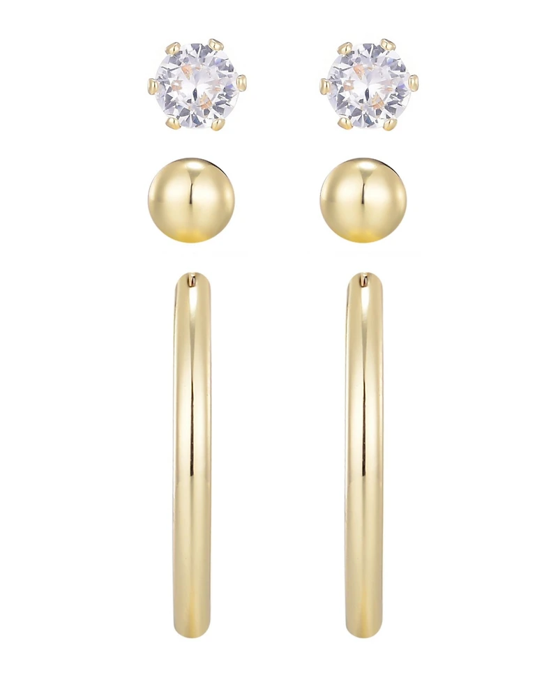 Adornia Gold Hoop, Solitaire and Ball Stud Set