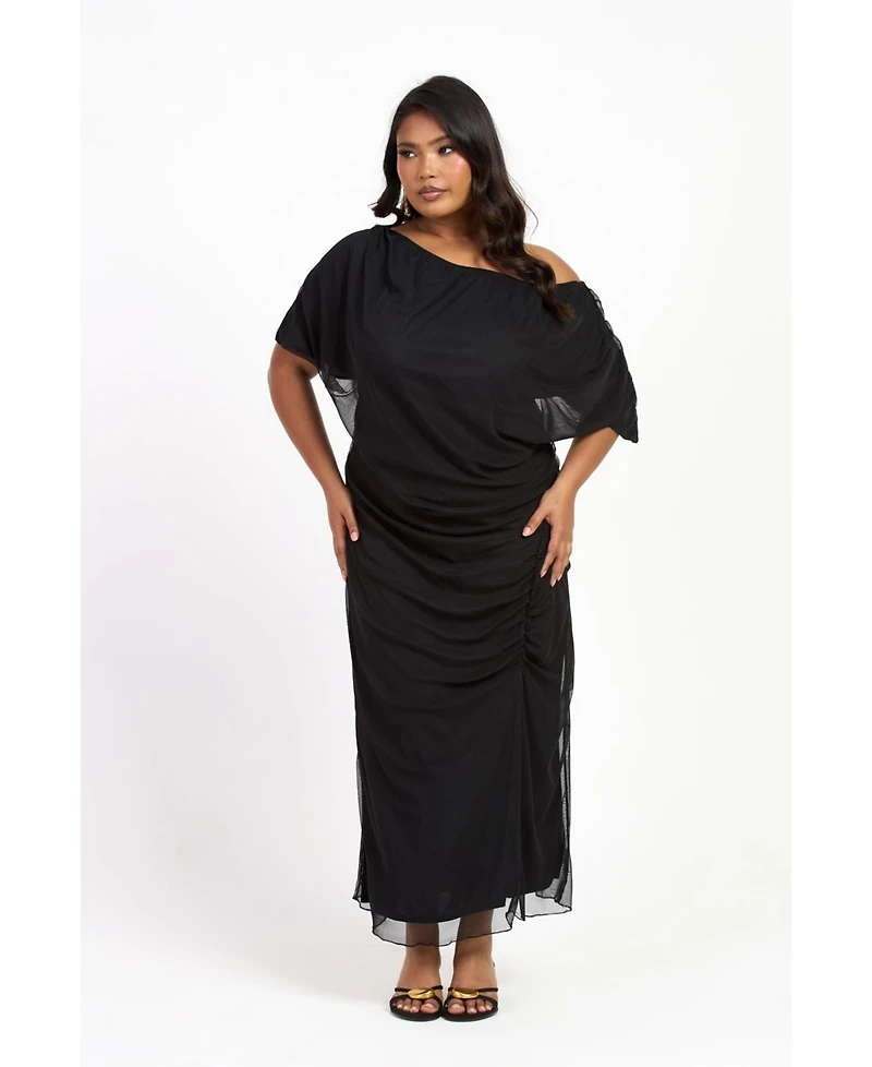 Fashion-szn Drop Shoulder Ruched Mesh Midaxi Dress