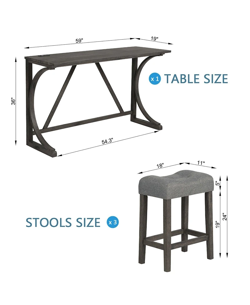 Casainc 4 Piece Bar Table Set with Power Outlet and 3 Padded Stools for Dining or Living Room