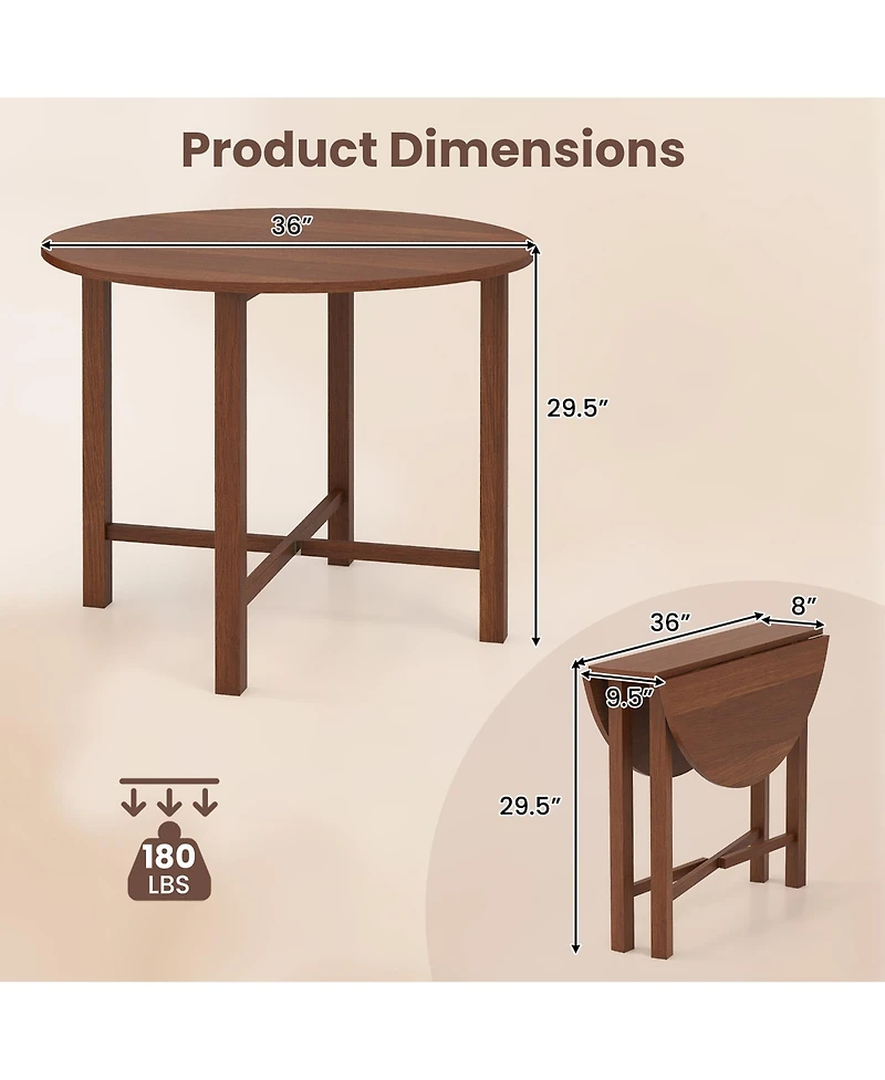 Gymax 36'' Foldable Kitchen Table Round Dining Table w/Solid Rubber Wood Legs