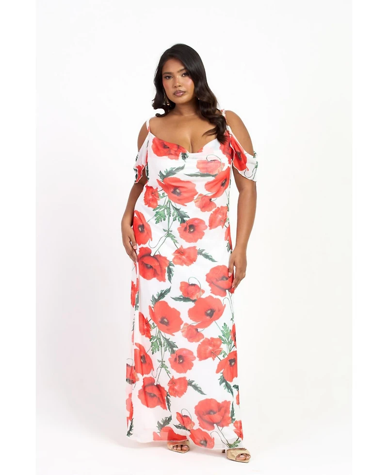 Fashion-szn Curve Women's Cold Shoulder Poppy Print Strappy Dress