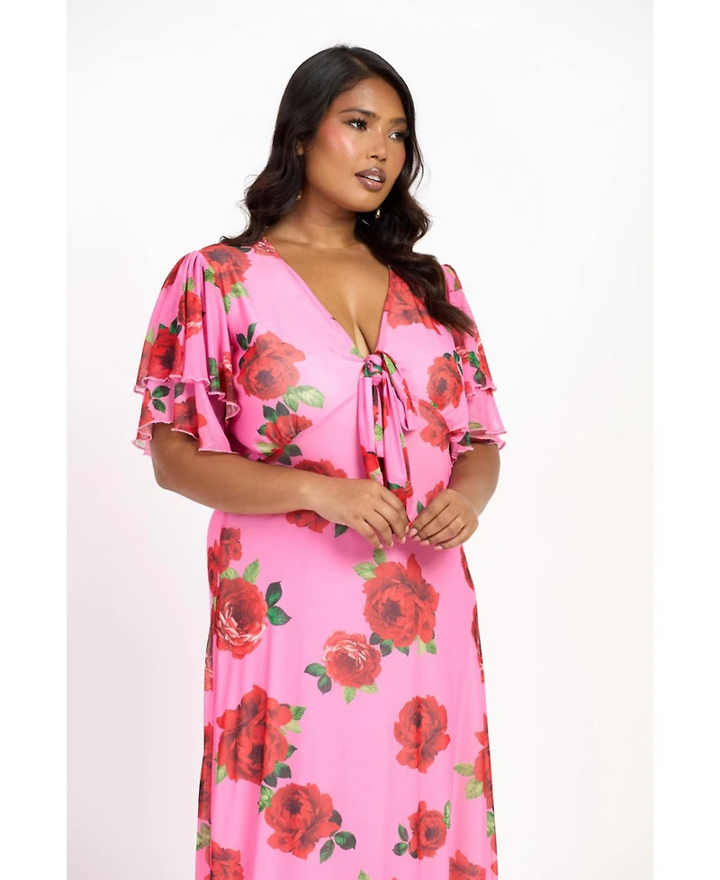Fashion-szn Curve Women's Flutter Sleeve Tie Front Midi Dress