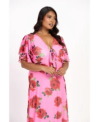Fashion-szn Curve Women's Flutter Sleeve Tie Front Midi Dress