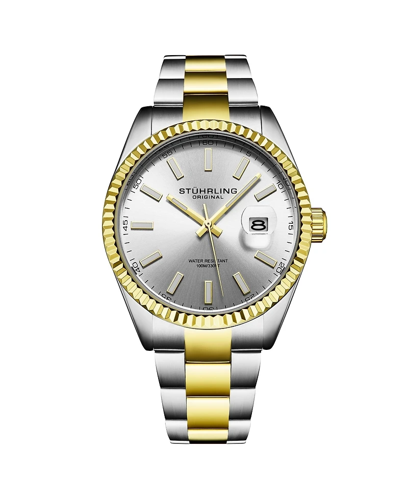 Stuhrling Vanguard 4069 Men s Quartz Watch – 42mm, Silver Dial, Two-Tone Bracelet, Fluted Bezel, Date, 100M Water Resistant
