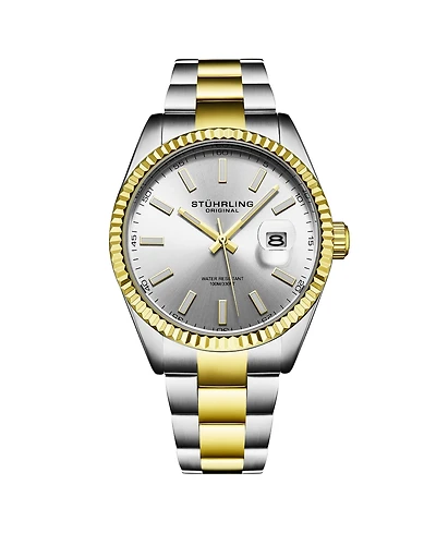 Stuhrling Vanguard 4069 Men s Quartz Watch – 42mm, Silver Dial, Two-Tone Bracelet, Fluted Bezel, Date, 100M Water Resistant