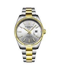 Stuhrling Vanguard 4069 Men s Quartz Watch – 42mm, Silver Dial, Two-Tone Bracelet, Fluted Bezel, Date, 100M Water Resistant