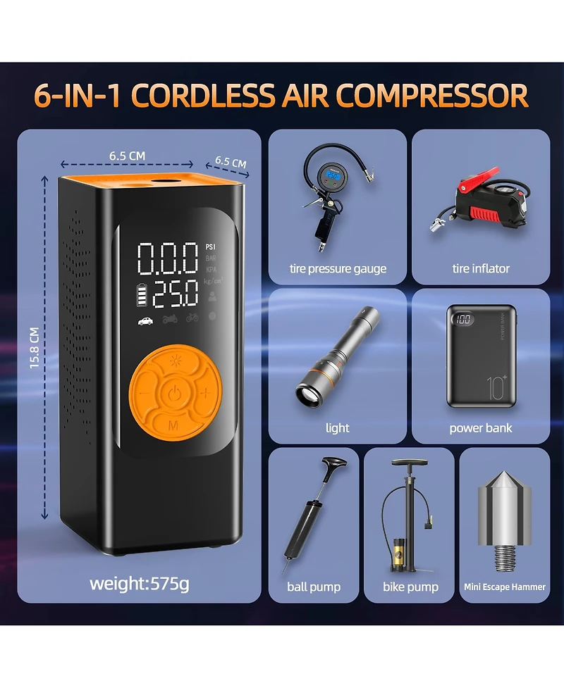Tire Inflator Portable Air Compressor, Air Pump, Cordless Pump with Digital Pressure Gauge, Led Light and Auto Shut-Off Function
