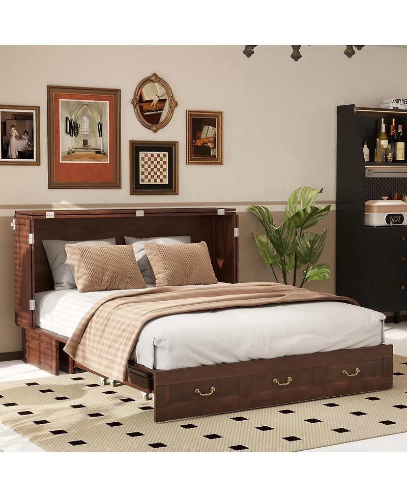 Livelylodge Solid Wood Queen Murphy Bed Cabinet,Usb Port & Large Drawer for Home/Guest Room(No Mattress)