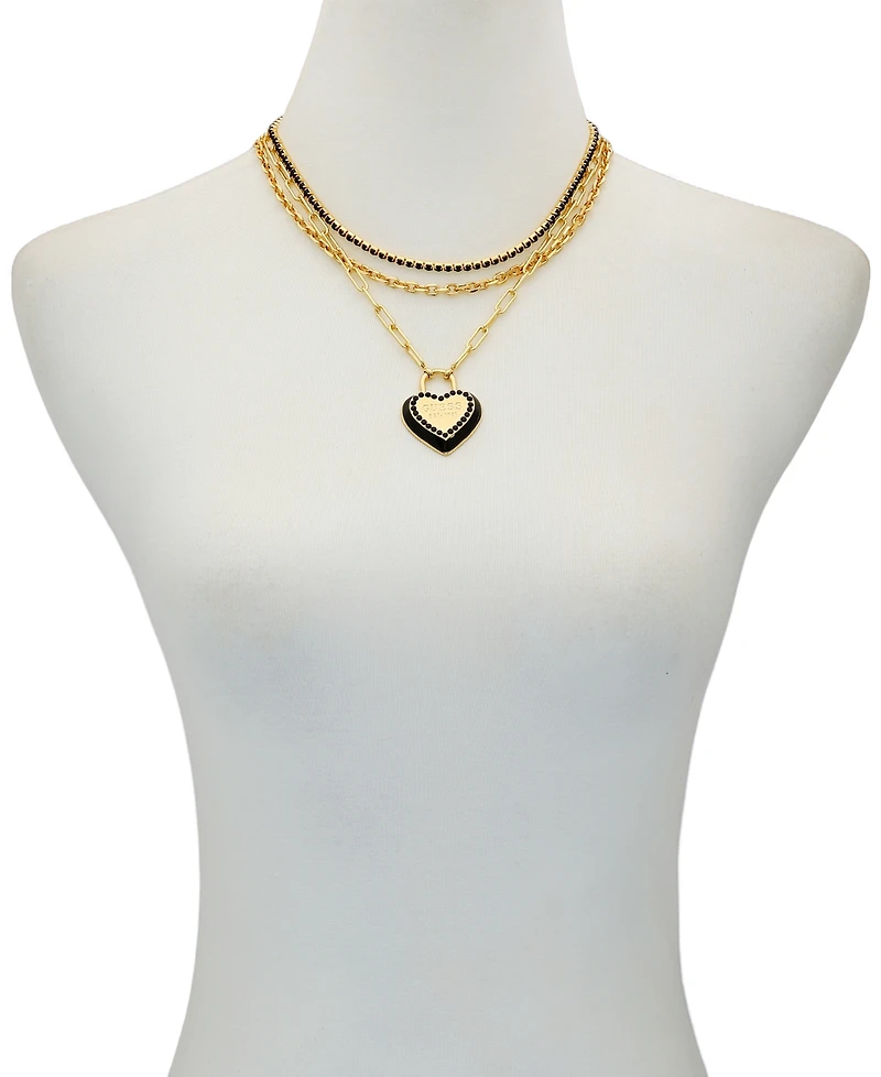 Guess Glass Stone Gold-Tone Triple Layered Crystal Heart Charm Necklace