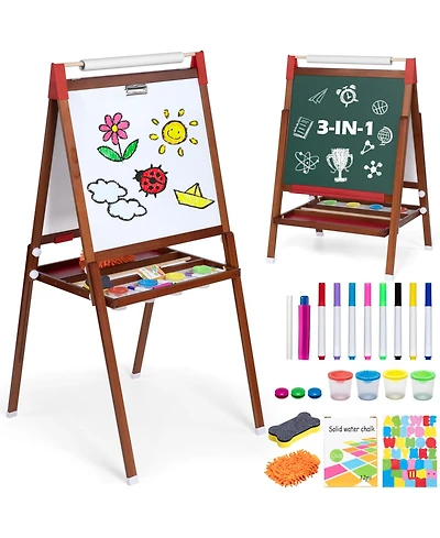 26" Wide 3 in 1 Kids Easel Height Adjustable Art Easel with Chalkboard, Whiteboard & Paper Roll