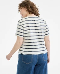 On 34th Plus Crewneck Printed Base Stripe Sequin T-Shirt, Macy's Exclusive