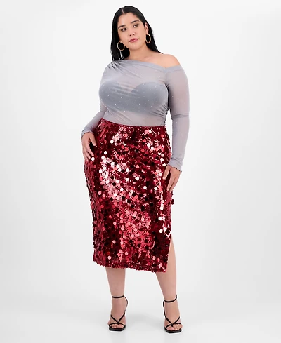 Bar Iii Trendy Plus Sequin Side-Slit Midi Skirt