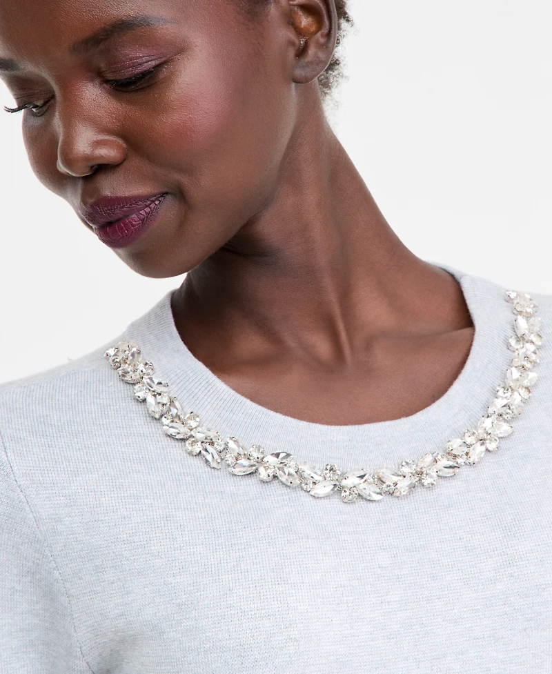 I.n.c. International Concepts Women's Short-Sleeve Embellished-Neck Sweater, Macy's Exclusive