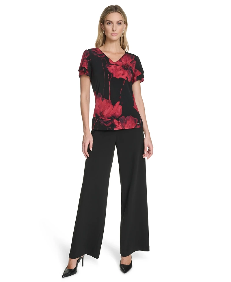 Calvin Klein Women's Short Sleeve V-Neck Printed Top