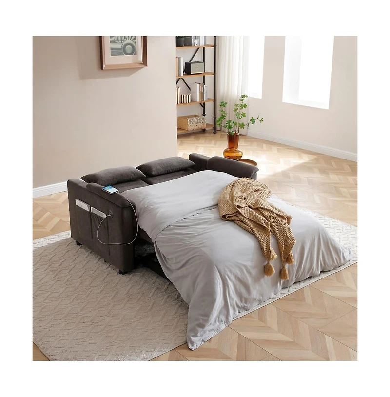 Maison Boucle 55" Velvet Loveseat Sofa Bed with Usb Ports, Adjustable Backrest & Pull-Out Sleeper Storage Pockets Pillows-Maison