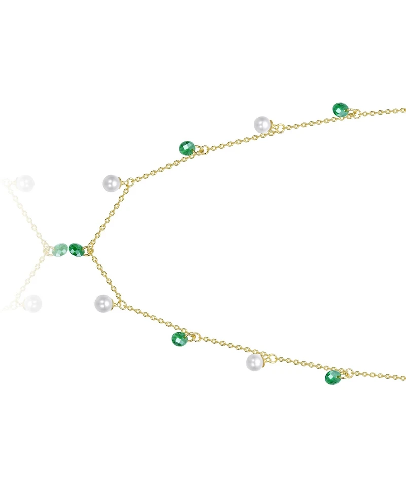 Rachel Glauber 14K Gold Plated with Mother of Pearl and Green Cubic Zirconia Station Necklace