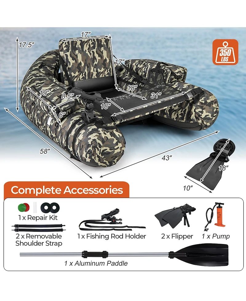 Gymax Inflatable Float Tube w/ Fish Ruler Rod Holder Storage Pockets Flippers Paddle