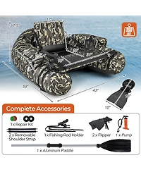 Gymax Inflatable Float Tube w/ Fish Ruler Rod Holder Storage Pockets Flippers Paddle