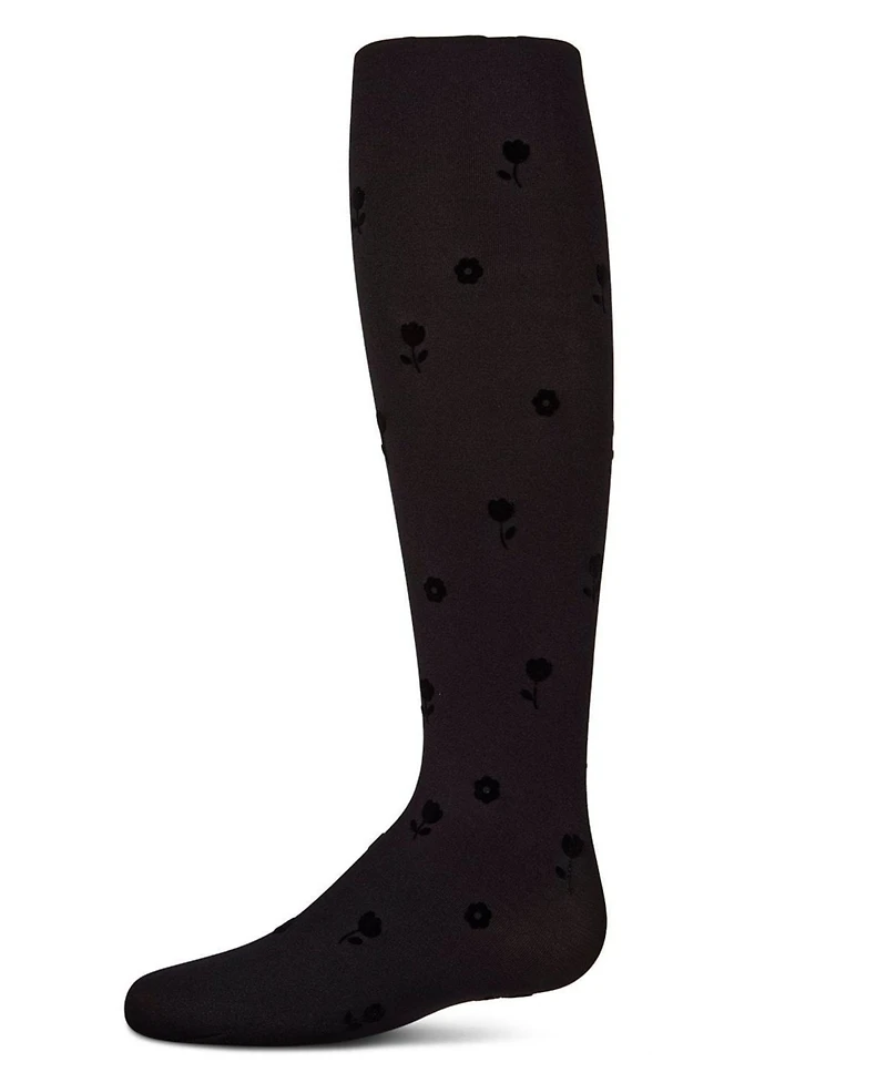 Memoi Girls Opaque Rose-Pattern Flocked Tights