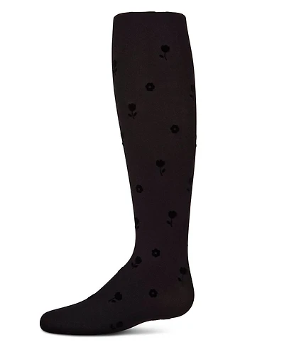 Memoi Girls Opaque Rose-Pattern Flocked Tights