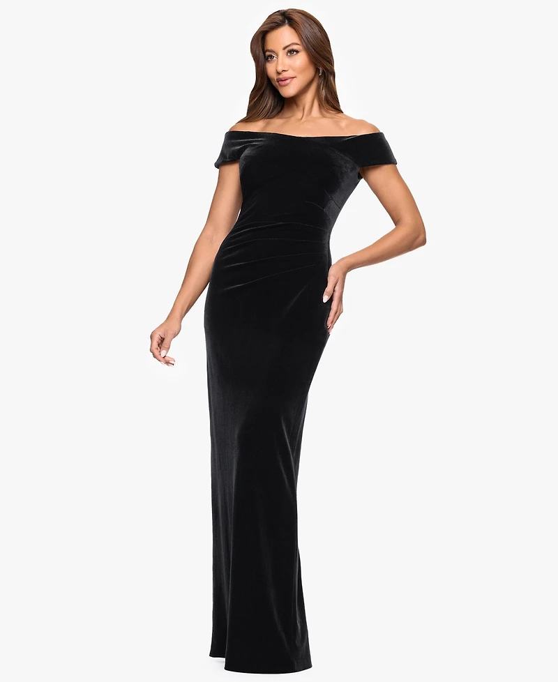 Xscape Women's Off The Shoulder Ruched Waist Long Dress