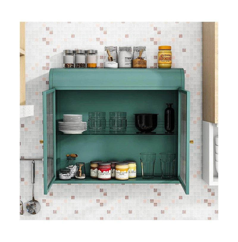 Chic Crate-Army Green 2-Door Wall-Mounted Metal Cabinet Tempered Glass Shelves | Multi-Room | Bath, Kitchen, Office