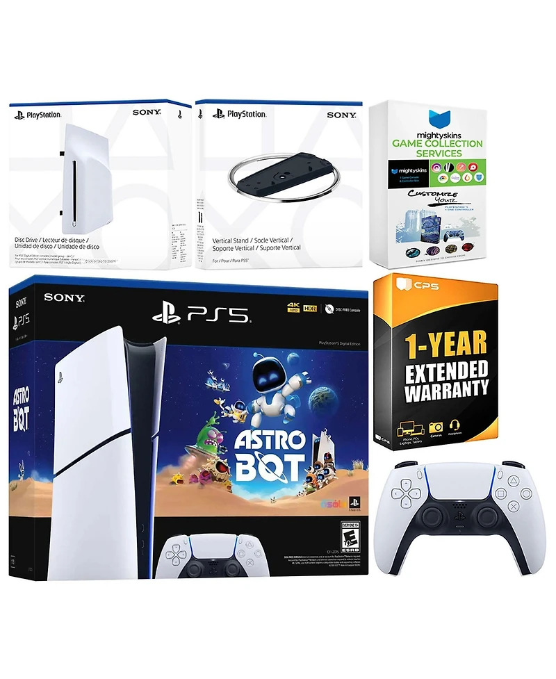 Sony PlayStation 5 Astro Bot Slim Digital Bundle with Disc Drive, Vertical Stand, MightySkins Game Collection Services and 1 Year Extended Warranty