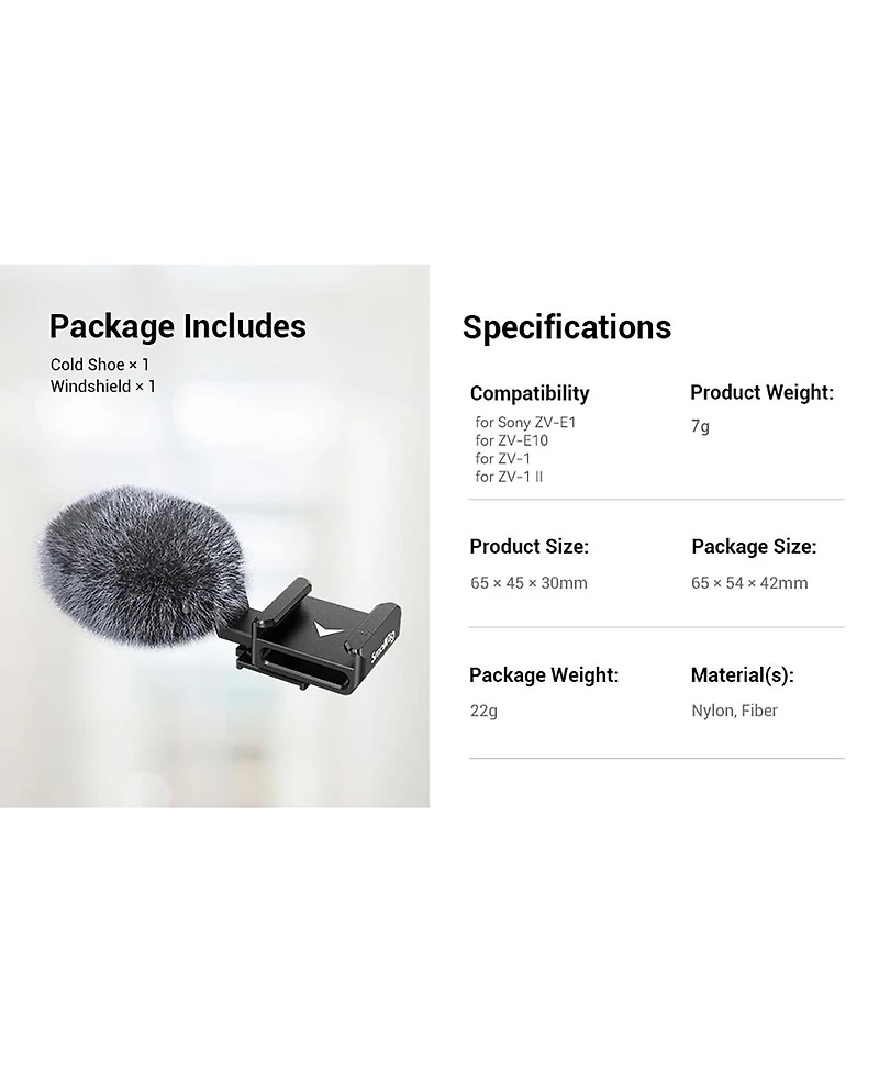 SmallRig Cold Shoe Adapter with Windshield for Sony Zv Series Cameras